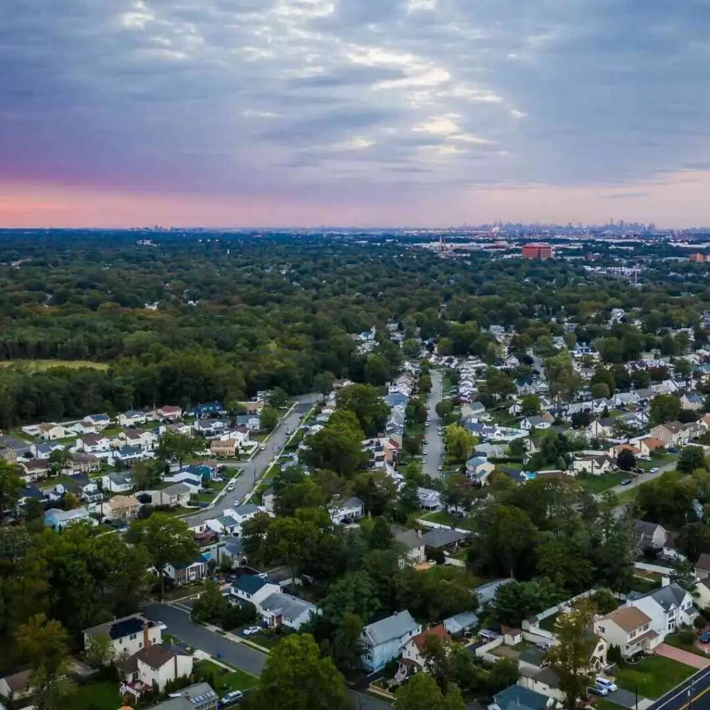 Aerial view of a suburban